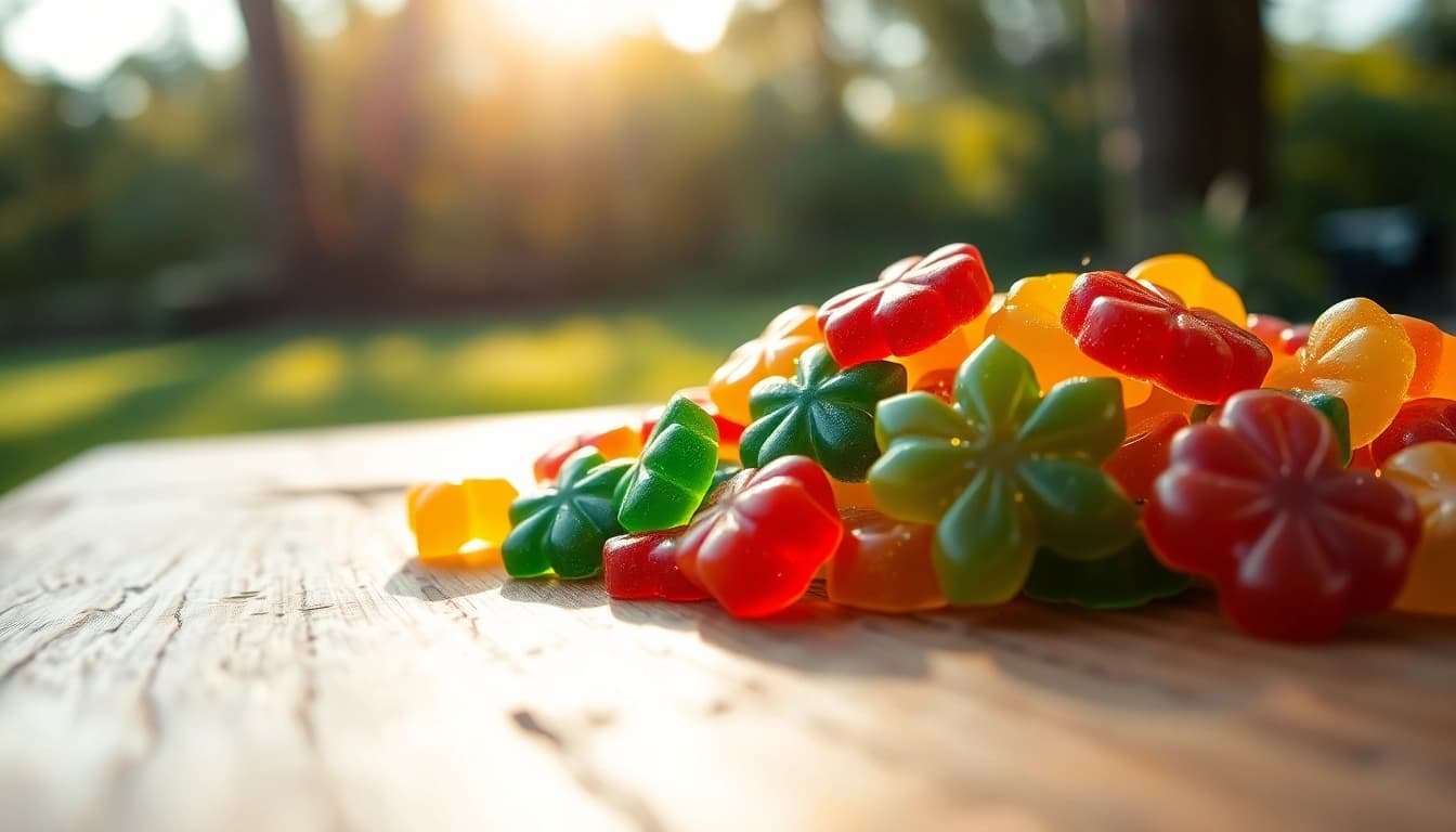 Discover vibrant Weed Gummies glistening on a wooden table, inviting indulgence and relaxation.