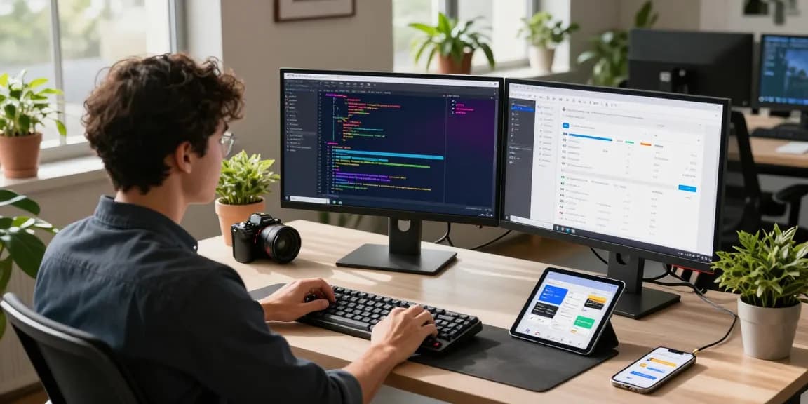 Dynamic software development workspace illustrating telegram中文版下载 in action, featuring developer with dual monitors and innovative tools.