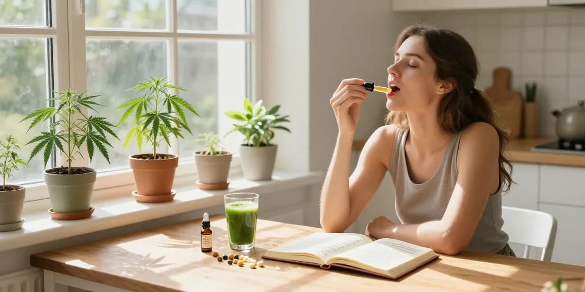 Quality cannabis delivery depicted with a woman taking CBD oil, surrounded by wellness products, in a bright serene kitchen.