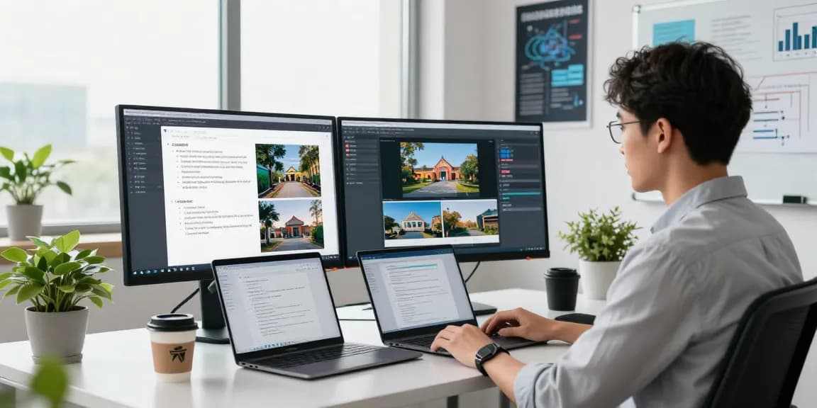 AI image detector results analysis on dual monitors in a modern workspace