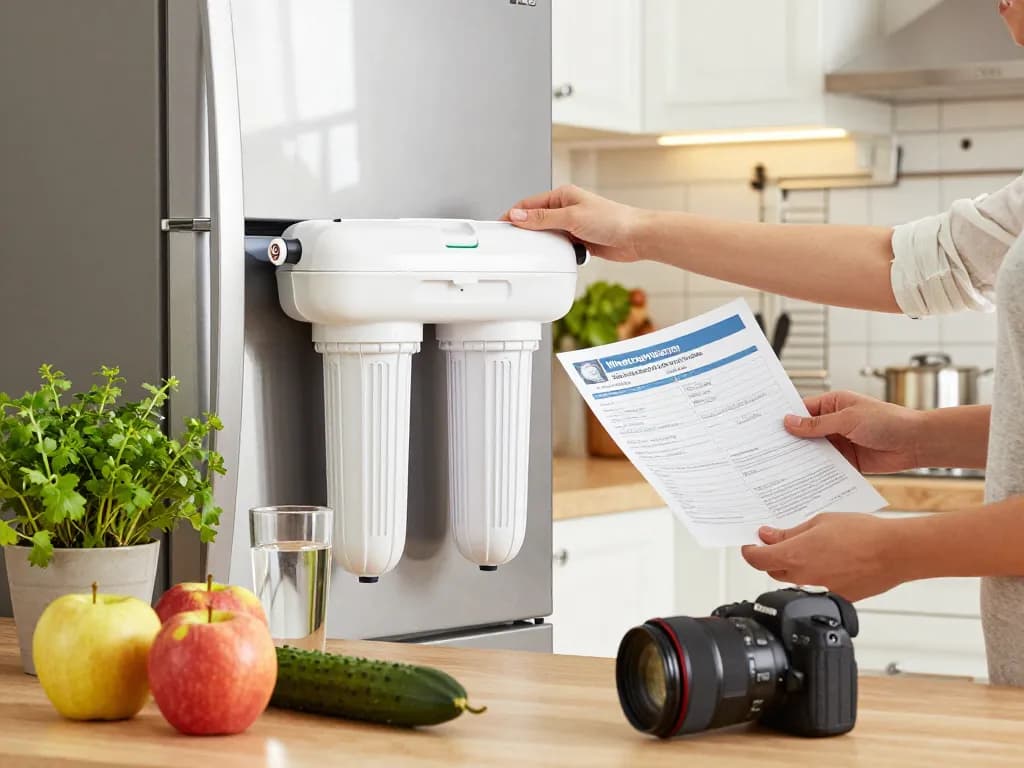 Person inserting Waterdrop ADQ73613401 Refrigerator Water Filter into LG fridge, highlighting clean drinking water benefits in a modern kitchen.
