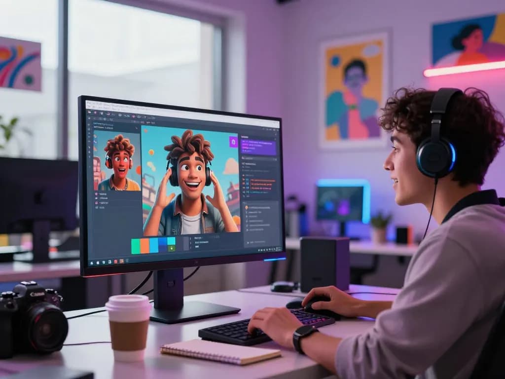 Engaging NSFW character AI chat in a modern workspace with vibrant tech elements.