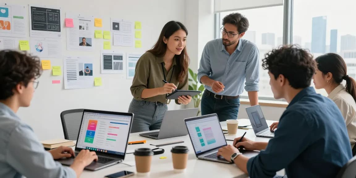 Team collaborating on mixboard ai in a modern workspace, showcasing design and brainstorming activities.