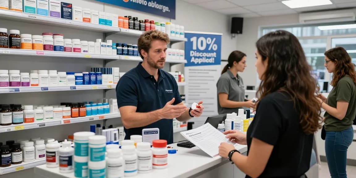 Astera Shop showcasing diverse steroid products, with promotional offers and a customer consultation in a modern setting.