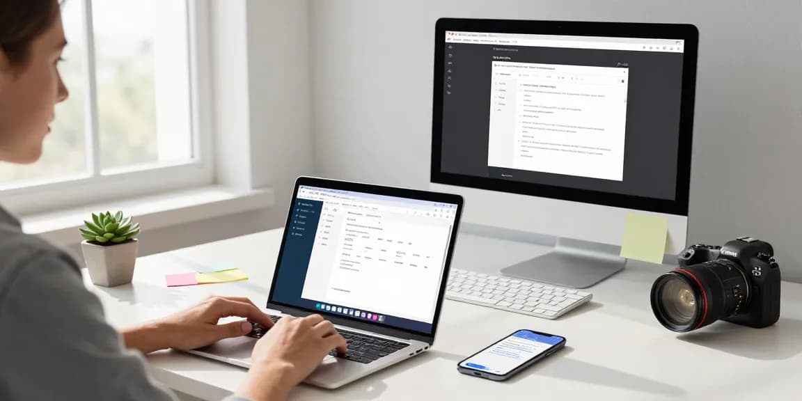 Download WPS Office in a modern workspace featuring productive user working on laptop with document edits.