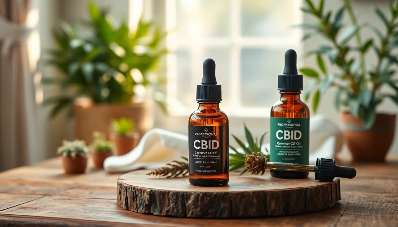 Showcasing CBD Oil bottle on rustic wooden table with greenery backdrop for organic essence.