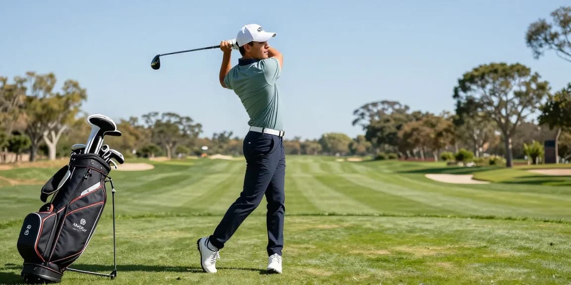 Golfer in stylish 골프웨어 레플리카 swinging on a lush golf course.