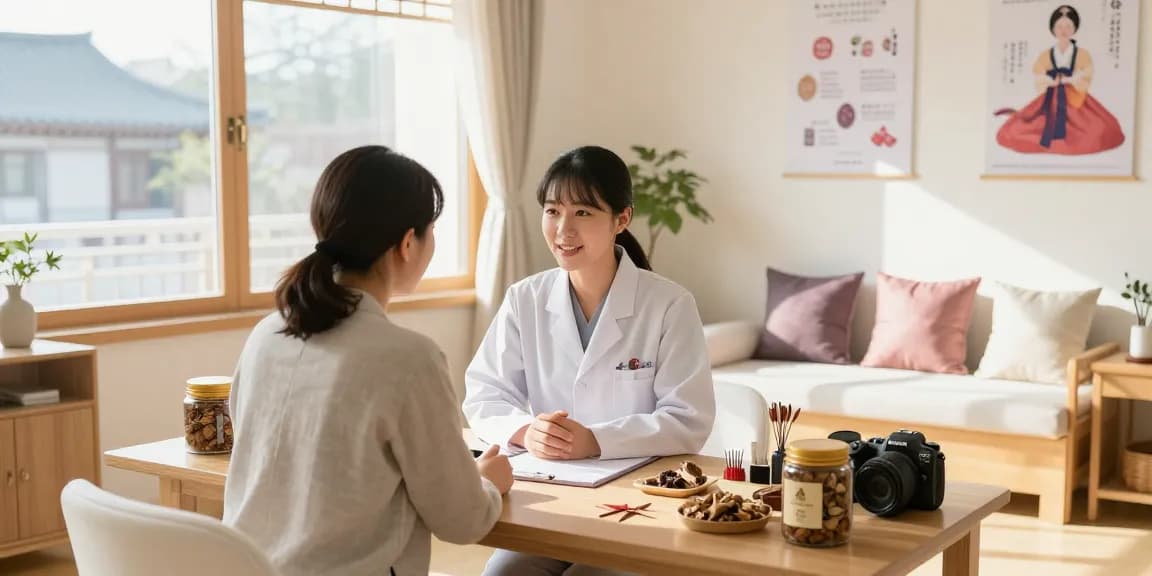 Consultation at 영통한의원 showcasing traditional Korean medicine in a warm, inviting clinic environment.