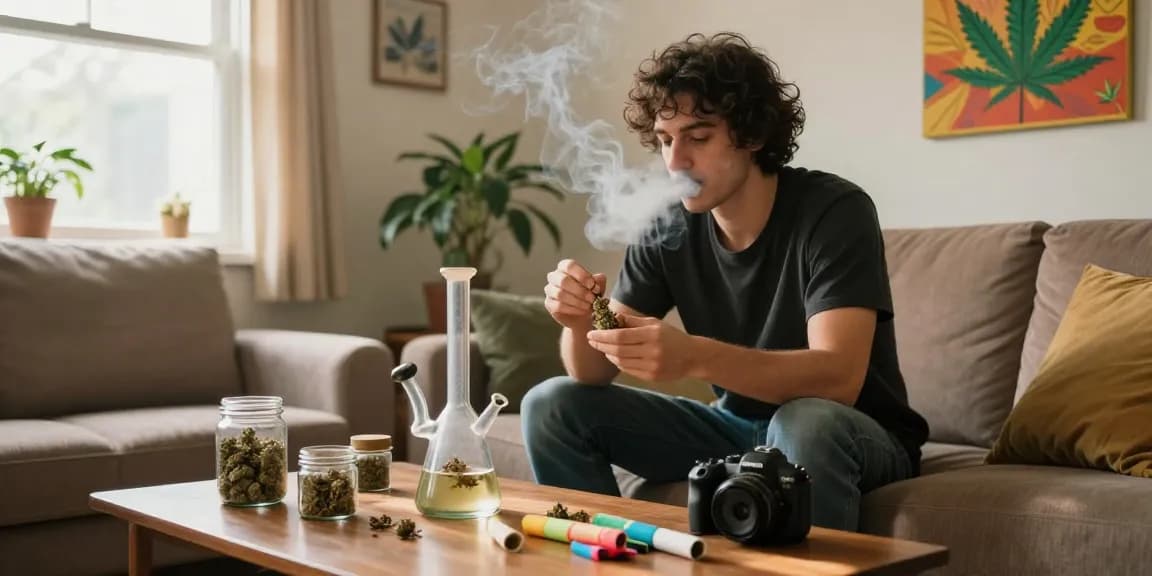 Relaxed individual packing a bong with weed shake in cozy living room