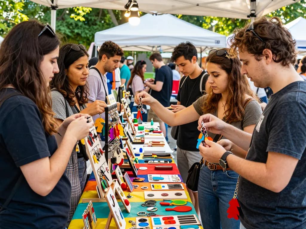 Personalized keychains displayed at a craft fair, showcasing various designs and materials.