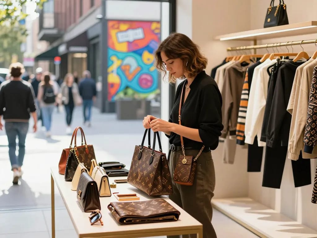 Stylish individual exploring 레플리카 fashion items in a trendy urban boutique.