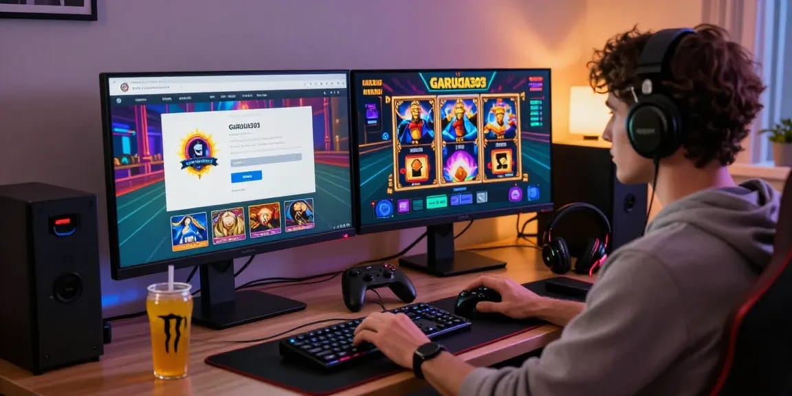 Engaged user accessing garuda303 login on a gaming setup with vibrant slot graphics and cozy LED lighting.