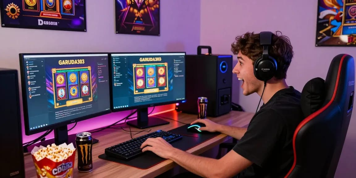 Engaging scene of GARUDA303 login with a player immersed in online slot games at home.