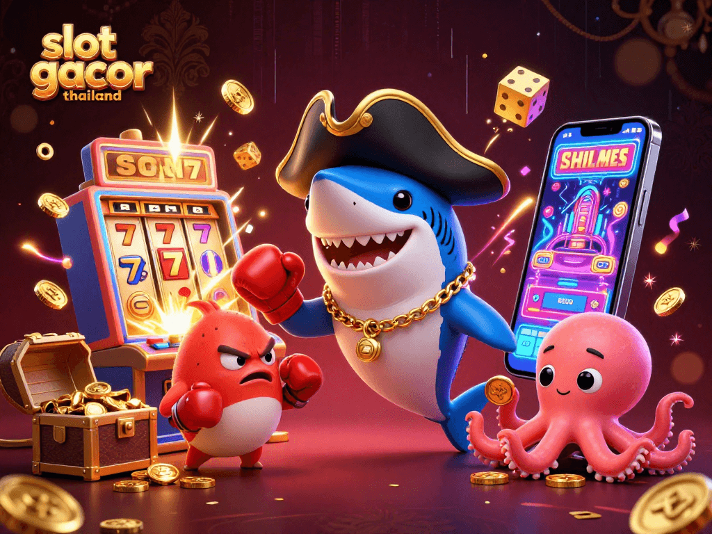 Experience slot gacor thailand with lively cartoon characters celebrating a jackpot explosion