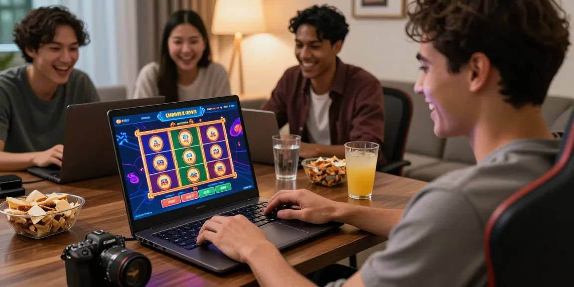 Enjoyable garuda303 login experience with friends playing online slot games together in a vibrant living room