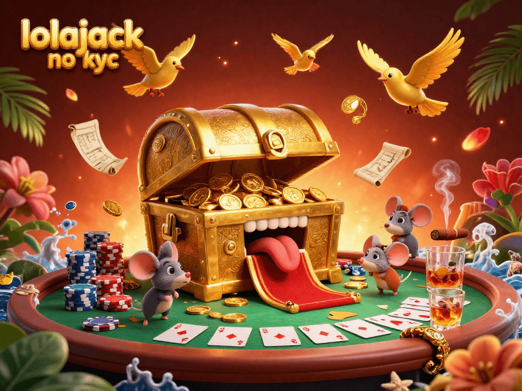 Experience luck with lolajack no kyc as adventurer mice are enticed by treasure in a vibrant poker scene.