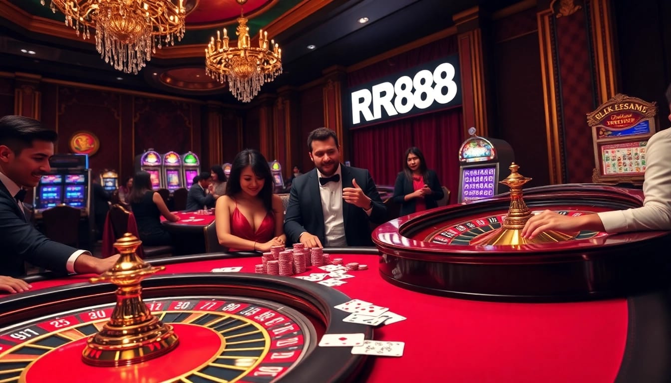 RR88 players enjoy a high-stakes poker game with vibrant cards and chips in a lavish casino.