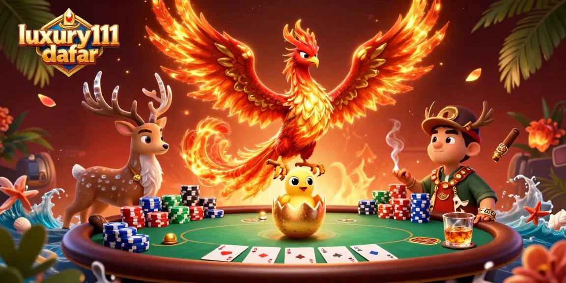 Experience the thrill of luxury111 daftar with a vibrant 3D casino scene showcasing poker elements.
