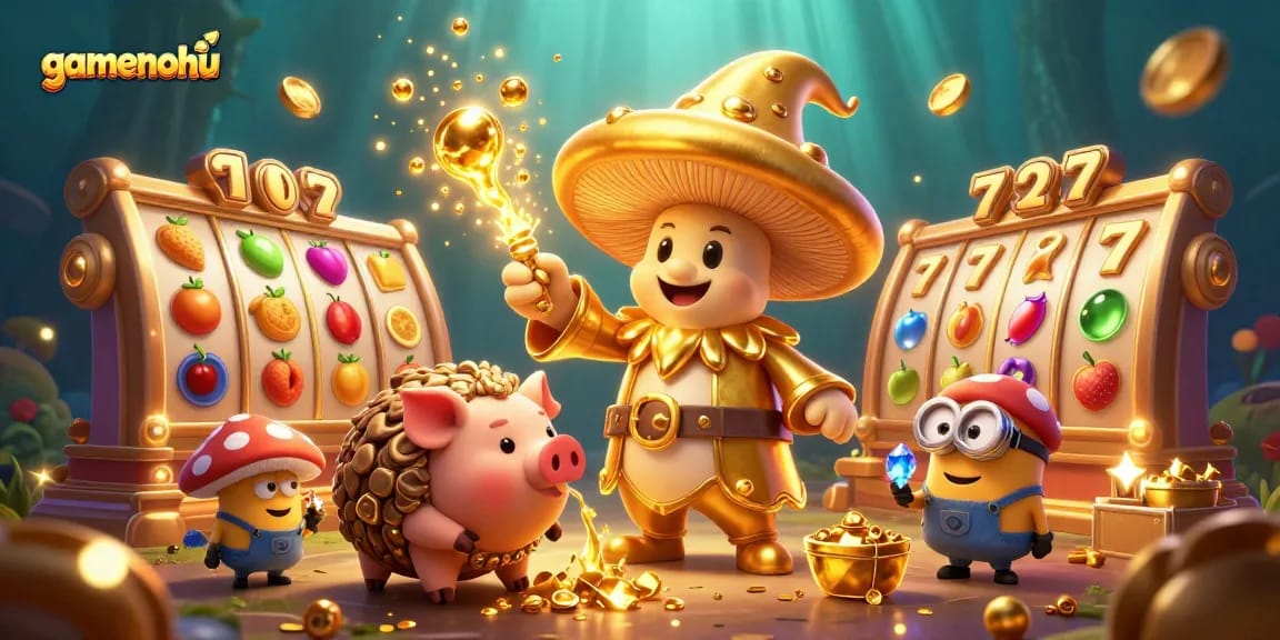 Experience the excitement of gamenohu with golden mushroom wizard and treasure elements in a vibrant casino illustration.