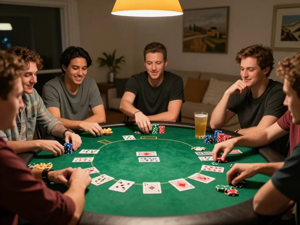 The hidden wiki link available to poker enthusiasts during a lively home game night, showcasing friends around a green felt table with chips and cards visible