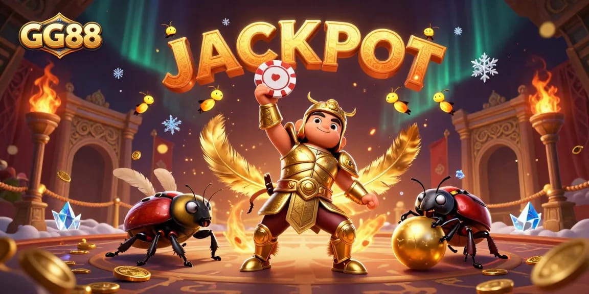 Engage with thrilling GG88 casino games featuring cartoon beetles and the JACKPOT celebration.