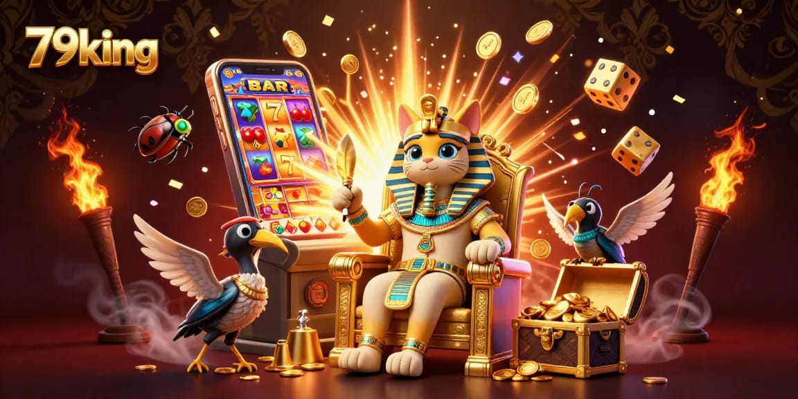 Spin the reels and win big with 79king's vibrant casino gaming scene featuring classic symbols and golden treasures.
