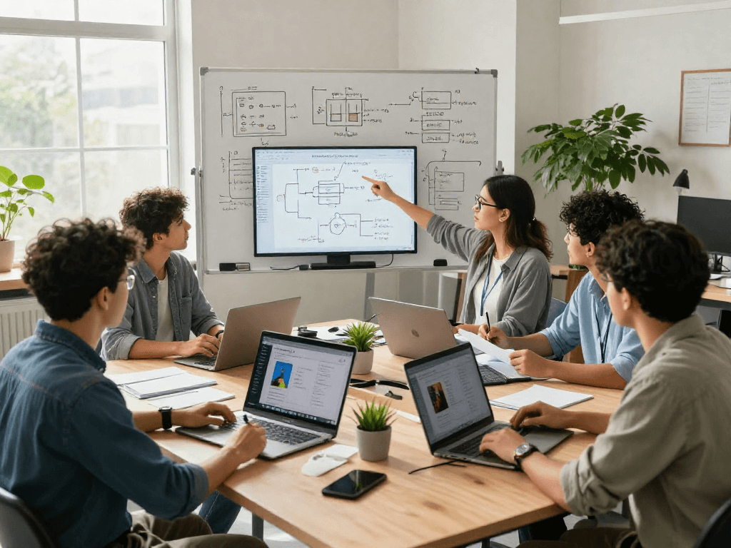 Team collaborating on AI image detector technology in a bright office.
