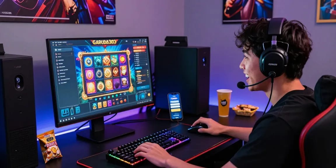 Player engaged in Garuda303 login on high-resolution monitor with dynamic game graphics, vibrant gaming setup.