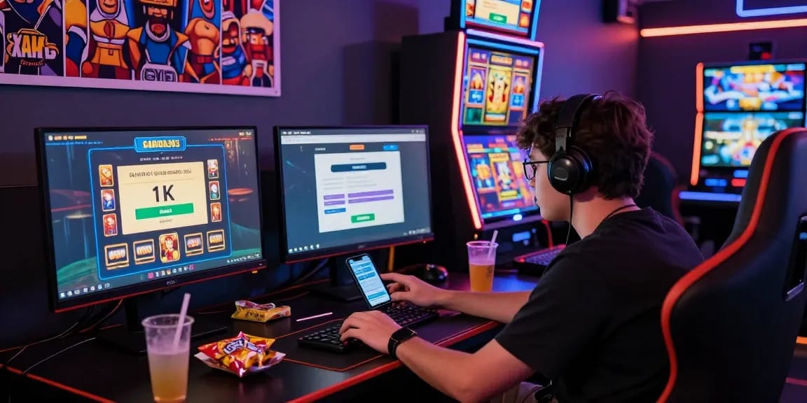 Player engaged in online slot games on GARUDA303 with slot deposit 1k interface, colorful atmosphere, and snacks.