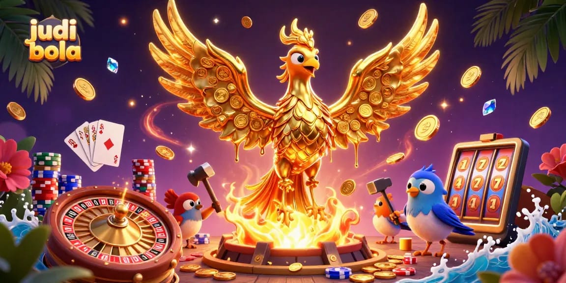 Engage in judi bola with a dynamic scene of a molten phoenix and vibrant casino elements.