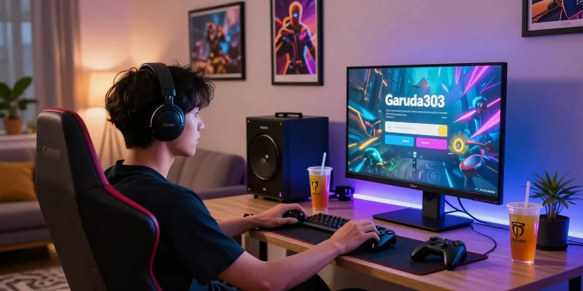 Immersive gaming experience featuring Garuda303 login interface on screen, showcasing an engaging home gaming setup.