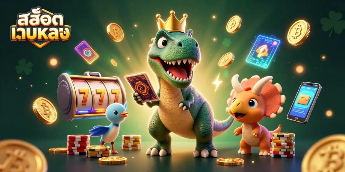 Engage with สล็อตเว็บตรง through a dynamic 3D scene featuring a T-Rex and friends playing card games and stacking chips.