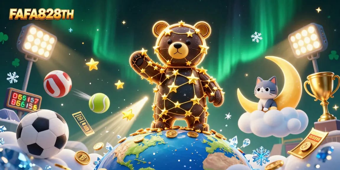 FAFA828TH players scoop winnings while a golden constellation bear reaches for gold coins amidst vibrant casino elements.