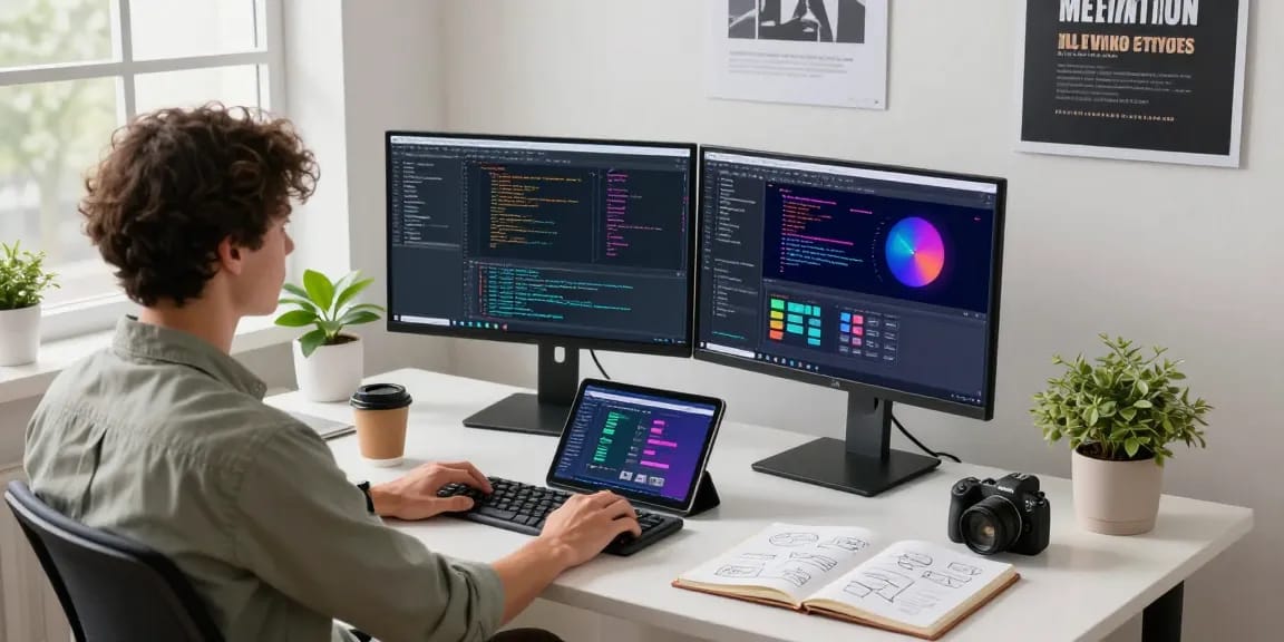 Showcasing a vibrant workspace for developers at snipaste官网, featuring dual monitors, coding interfaces, and a creative environment.