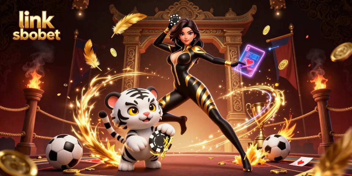 Engage with link sbobet for thrilling sports betting action featuring an acrobatic woman and baby tiger.