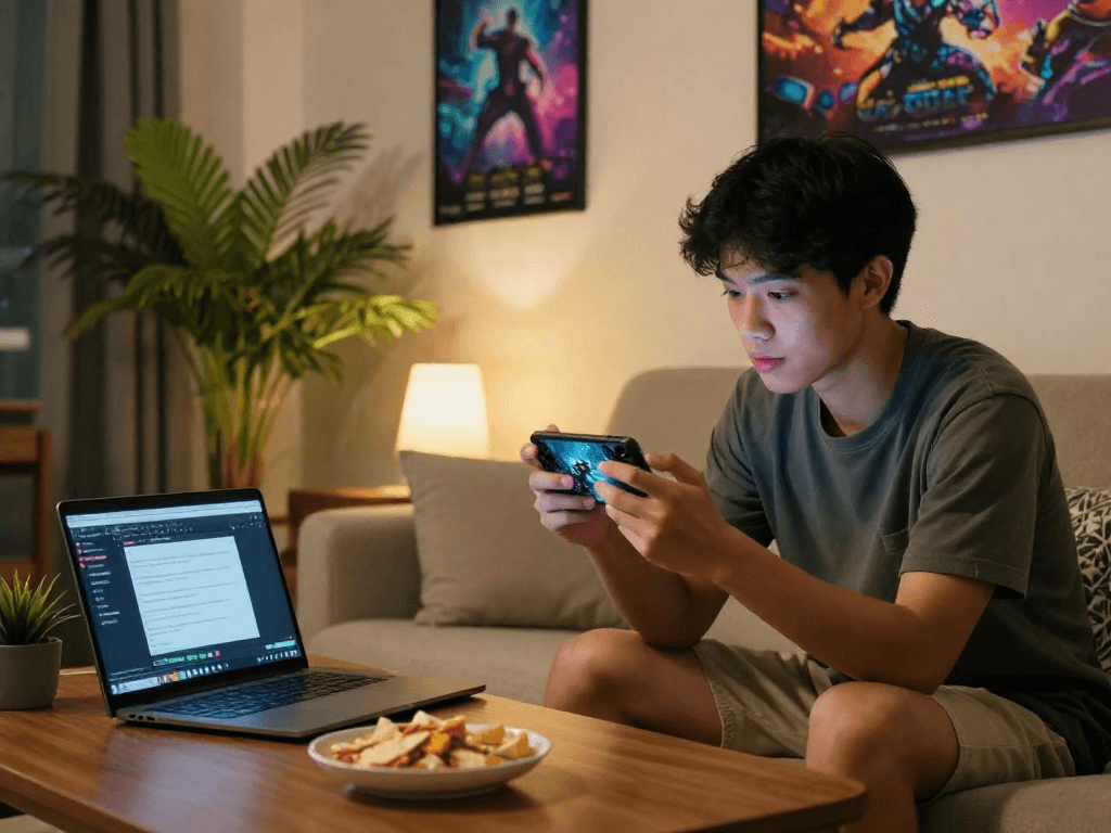 Nilalaro ang paboritong mobile game sa bd188 platform sa komportableng sala.