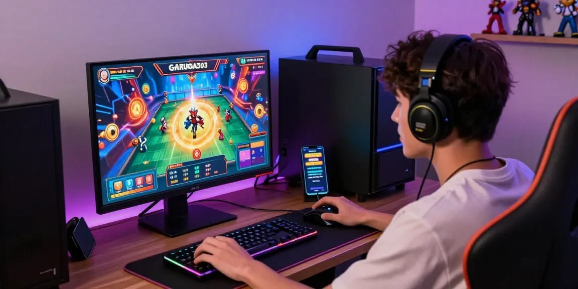 Excited gamer using GARUDA303 login on a vibrant gaming setup with engaging animations.
