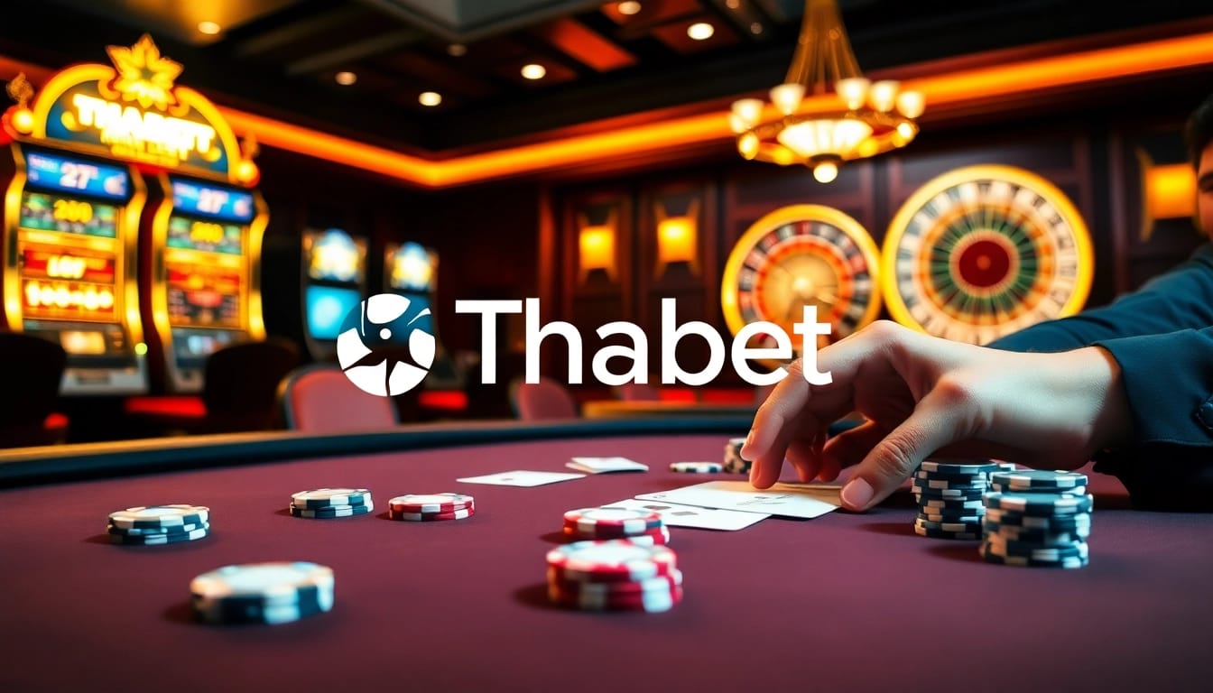 Engaging poker game scene at Thabet casino with vibrant chips and cards.