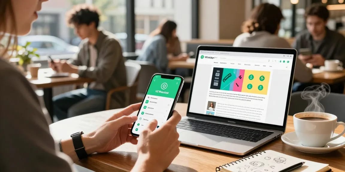 Engaged user exploring GB WhatsApp APK features on smartphone in urban café setting.