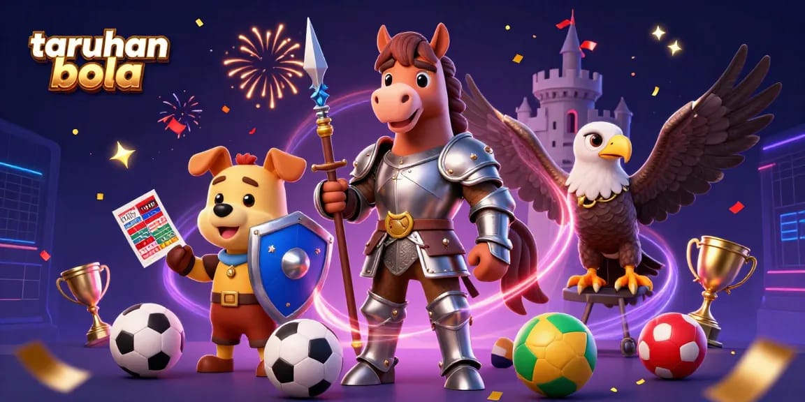 Engage in taruhan bola with immersive sports betting scenes featuring dynamic characters and festive elements.