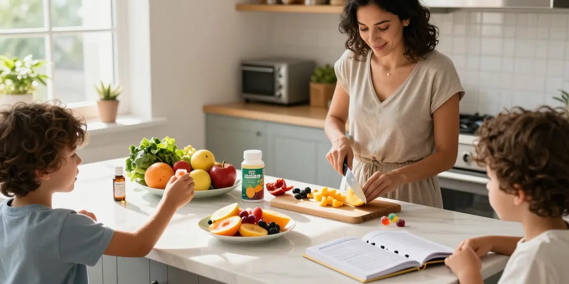 Edibles scene with CBD gummies and natural wellness products in a bright kitchen setting.