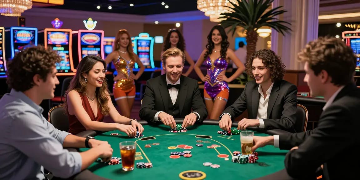 Friends enjoying a lively poker game at a casino, lucky77 experiences come alive