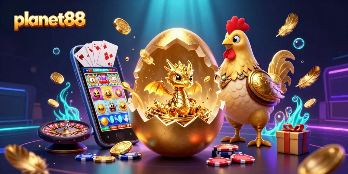 Engage in thrilling action at planet88 with a magical scene of a baby dragon and golden casino treasures.