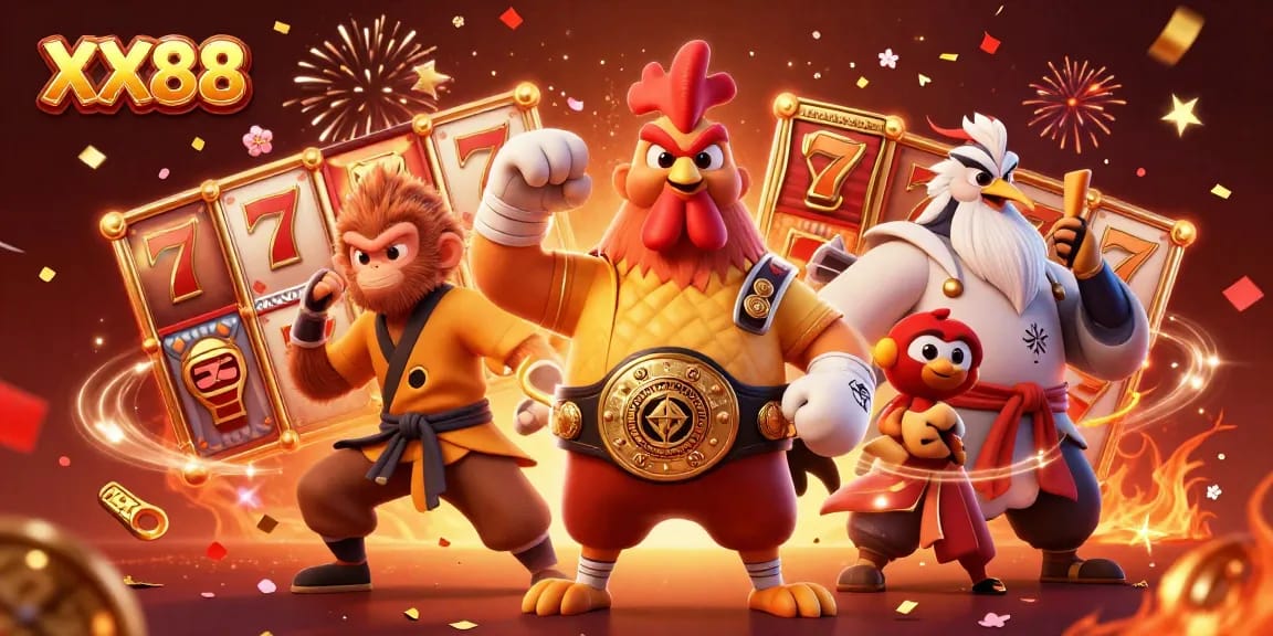 Engaging scene with XX88's Muay Thai rooster, Shaolin monkey, and wise crane master amidst dynamic slot game elements.