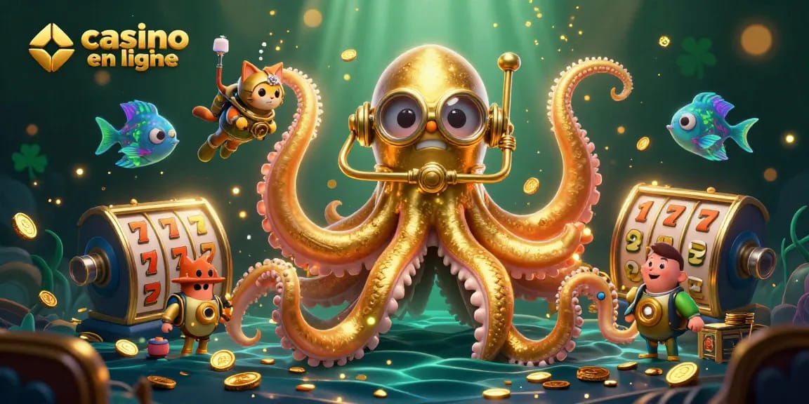 Casino en ligne : illustrations captivantes d'un kraken doré et d'un chat plongeur dans un océan de jeux.