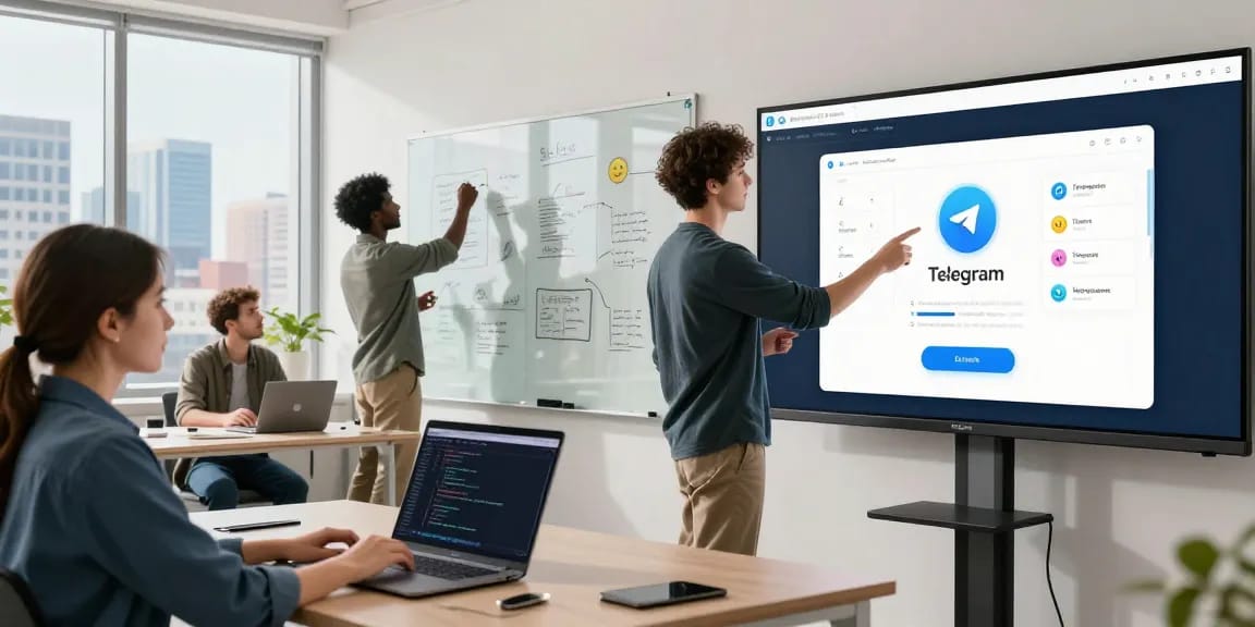 Collaborative tech workspace showing developers reviewing telegram中文版下载 features and coding in a modern office.