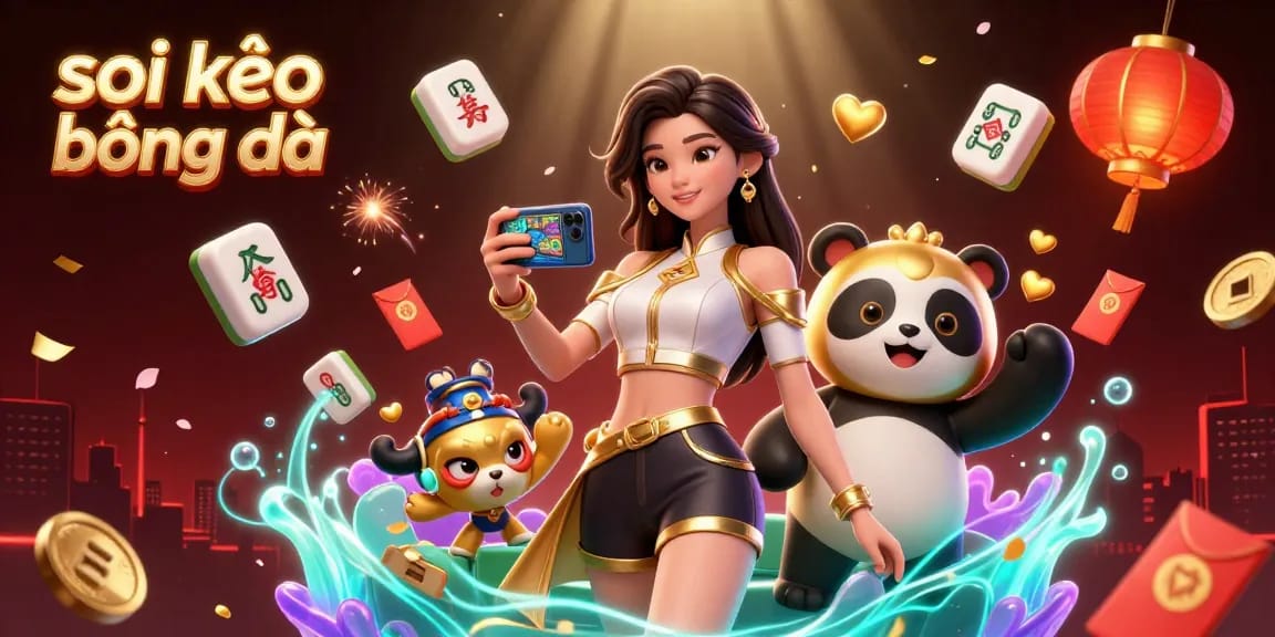 Soi kèo bóng đá excitement with an elegant woman and a golden panda mascot at a lively casino scene