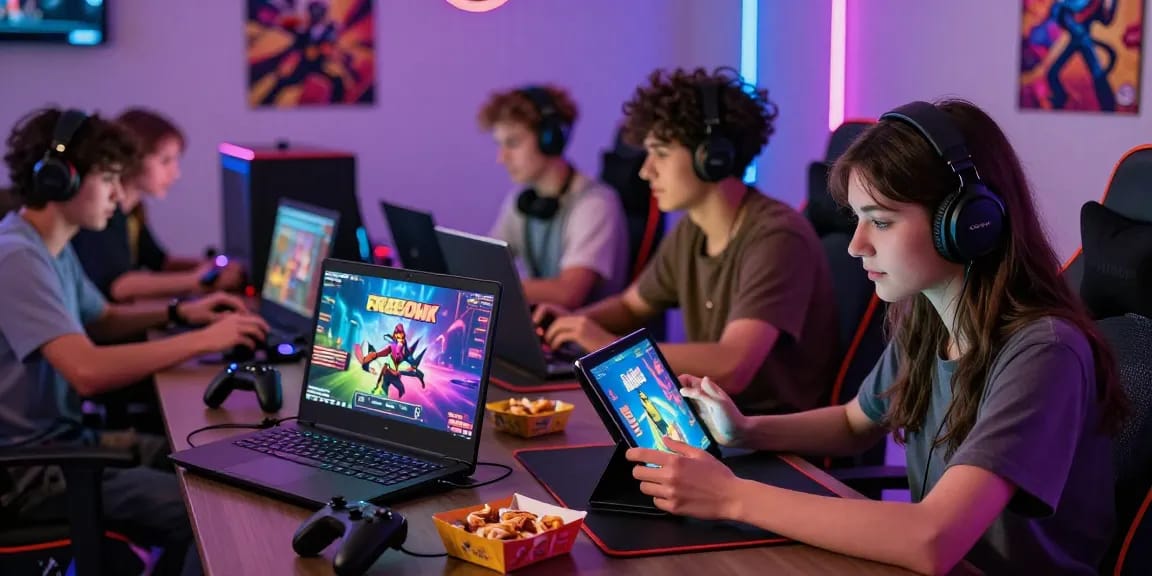 Engaging scene of diverse gamers enjoying free porn games on various devices in a colorful LED-lit room.