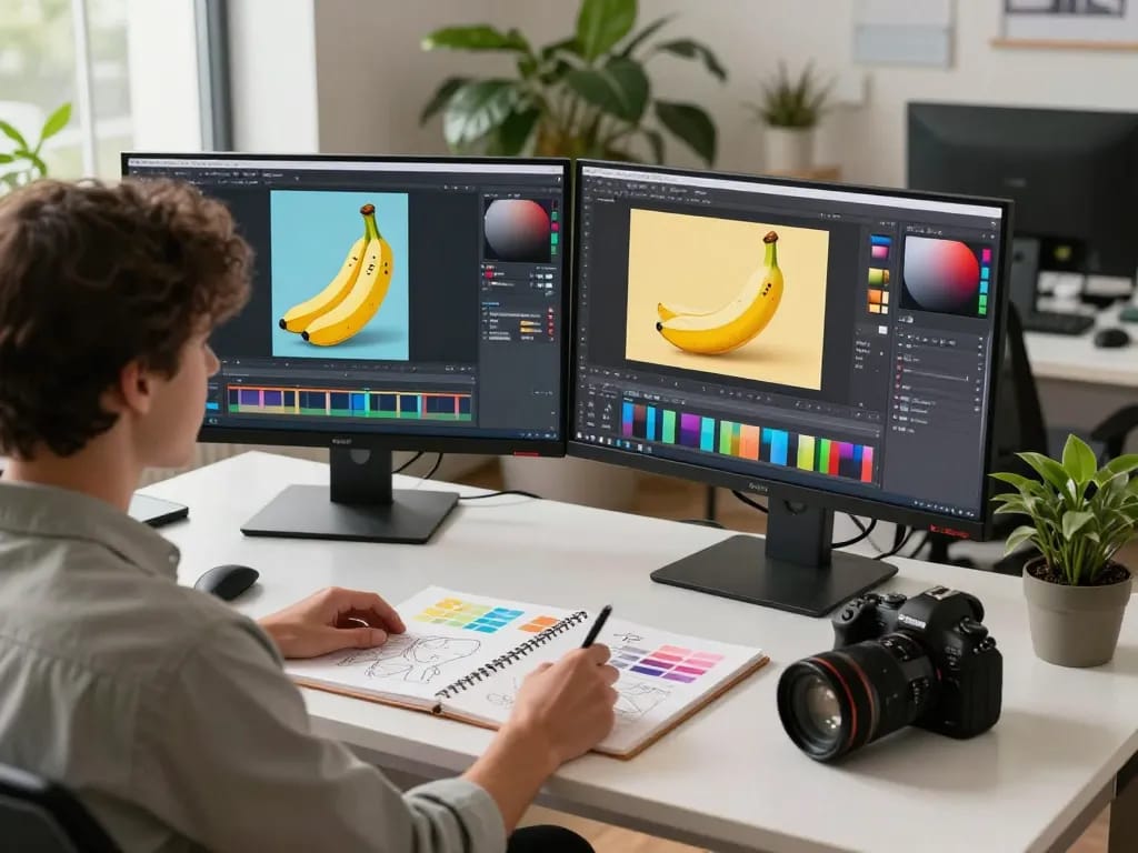 Graphic designer using nano banana AI image editor in a modern workspace.