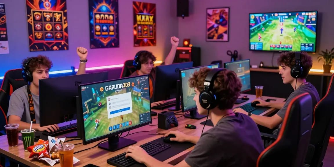 Players engaging in GARUDA303 login on a vibrant gaming setup with screens and snacks.